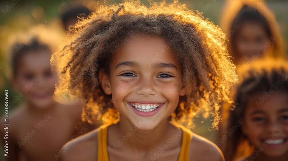 Fototapeta premium Smiling girl with curly hair in a summer setting. Generative AI