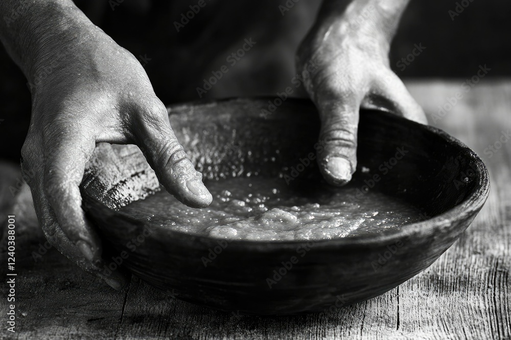 Fototapeta premium Rough hands gently mix a pulpy substance in a rustic wooden bowl.