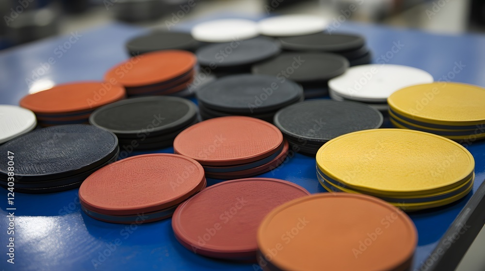 Colorful Stacked Round Leather Coasters on Blue Table Colorful Stacked Round Leather Coasters on Blue Table