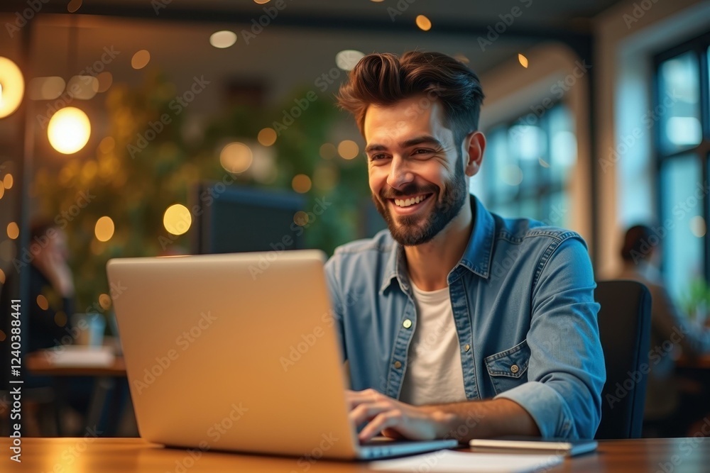 Man is smiling while using his laptop at table Man is smiling while using his laptop at table