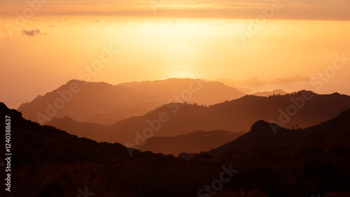 Morning landscape in orange tones over the ocean, Madeira