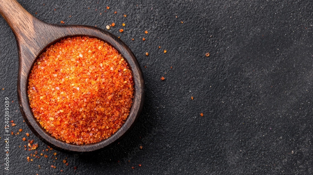 Red spice in wooden spoon on dark background, food photography, recipe ingredient Red spice in wooden spoon on dark background, food photography, recipe ingredient