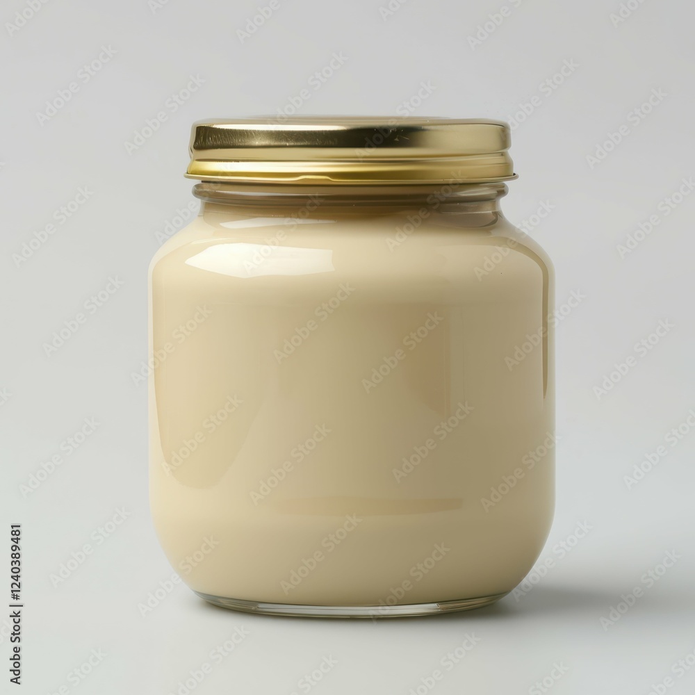 Creamy jar filled with delicious dessert spread. Creamy jar filled with delicious dessert spread.