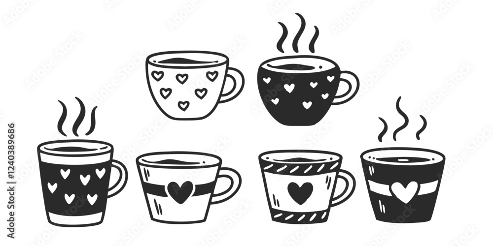 Digital illustration of a cartoon mug with handdrawn Scandinavian-style doodled tea and coffee cups, ideal for hot aroma beverages in restaurants or homes, paired with cooking dishes. Digital illustration of a cartoon mug with handdrawn Scandinavian-style doodled tea and coffee cups, ideal for hot aroma beverages in restaurants or homes, paired with cooking dishes.