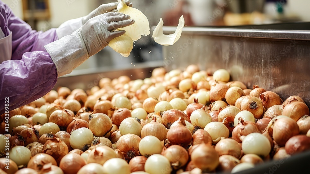 Obraz premium Operator tosses peeled onions into a receptacle in a busy kitchen