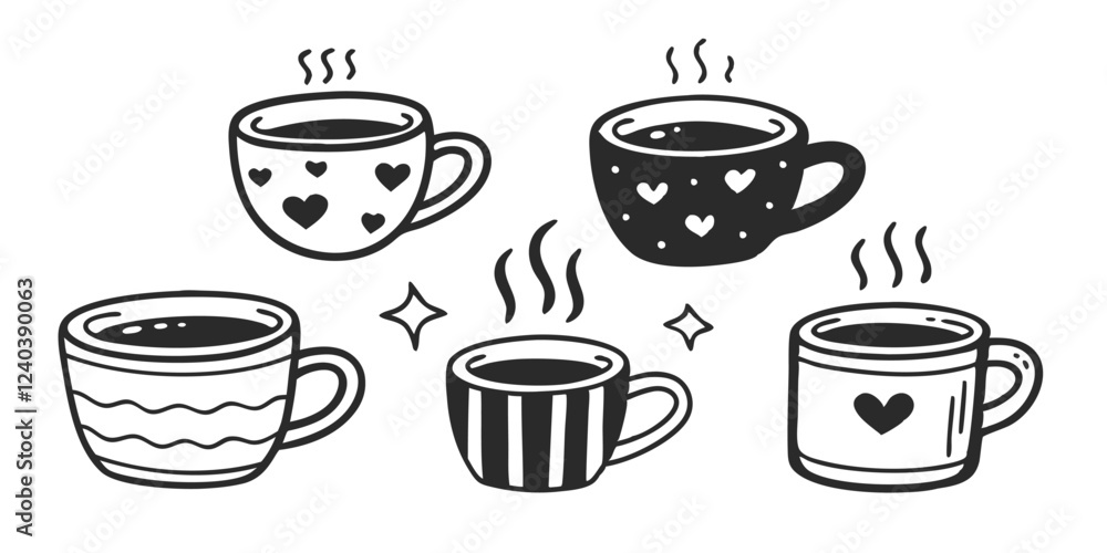 Digital illustration of a cartoon mug with handdrawn Scandinavian-style doodled tea and coffee cups, ideal for hot aroma beverages in restaurants or homes, paired with cooking dishes. Digital illustration of a cartoon mug with handdrawn Scandinavian-style doodled tea and coffee cups, ideal for hot aroma beverages in restaurants or homes, paired with cooking dishes.