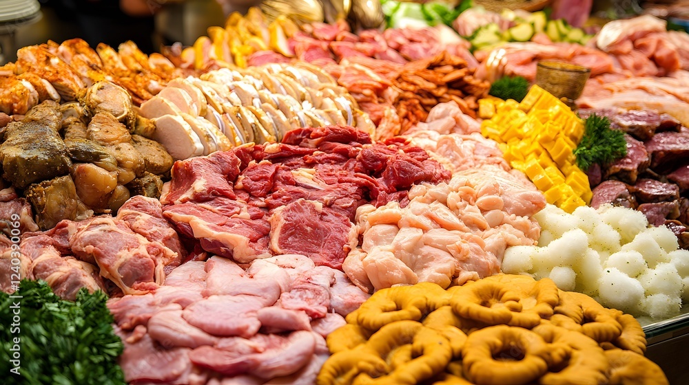 Obraz premium Assorted Raw Meats and Vegetables Buffet Display