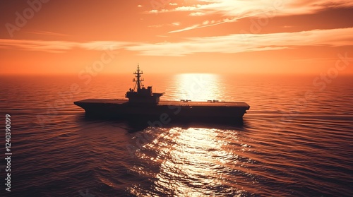 Aerial view of aircraft carrier on the ocean with sunset background. Military and transport concept background. photo