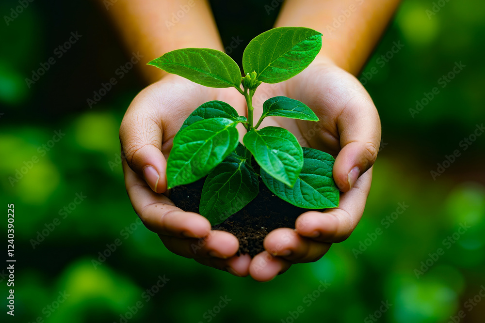 A person holding a small plant in their hands