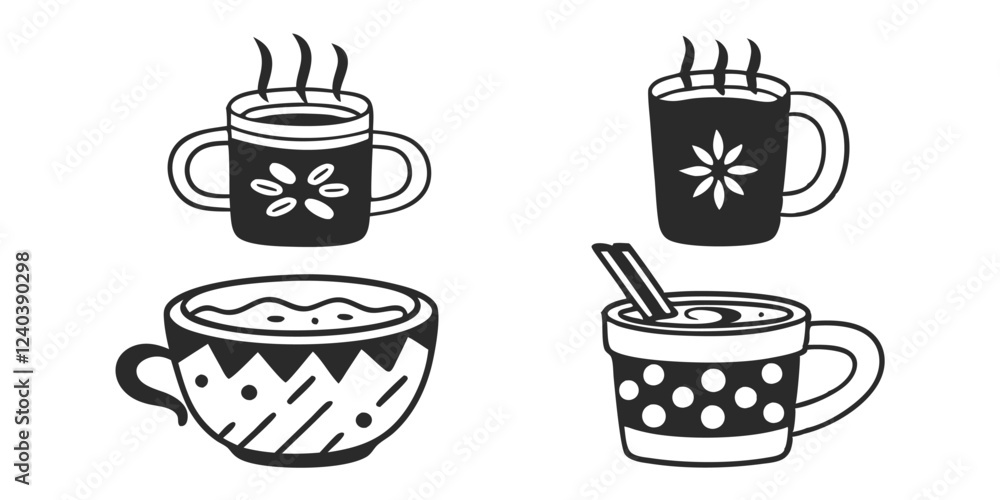 Digital illustration of a cartoon mug with handdrawn Scandinavian-style doodled tea and coffee cups, ideal for hot aroma beverages in restaurants or homes, paired with cooking dishes. Digital illustration of a cartoon mug with handdrawn Scandinavian-style doodled tea and coffee cups, ideal for hot aroma beverages in restaurants or homes, paired with cooking dishes.