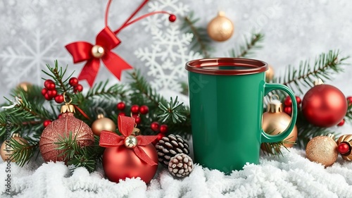 White ceramic tea mug mockup with winter xmas decorations and copy space for design front view 10oz cup background Christmas promotional content, design, promotional, Christmas photo