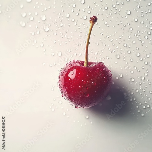 Single Red Cherry Water Drops wet food isolated on transparent backgsiund