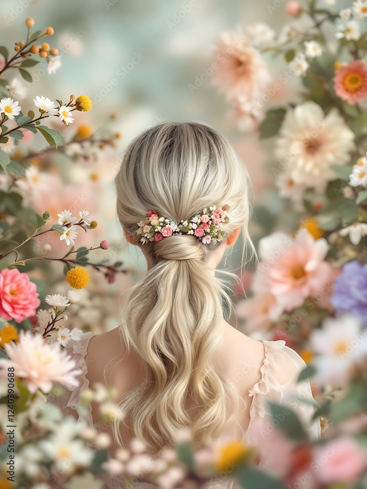 Naklejka premium Hairstyle adorned with colorful spring flowers in a dreamy garden setting