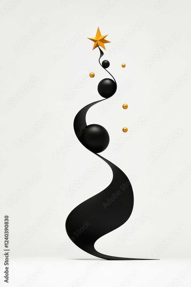 Abstract black sculpture with golden star orbs in modern minimalism Abstract black sculpture with golden star orbs in modern minimalism