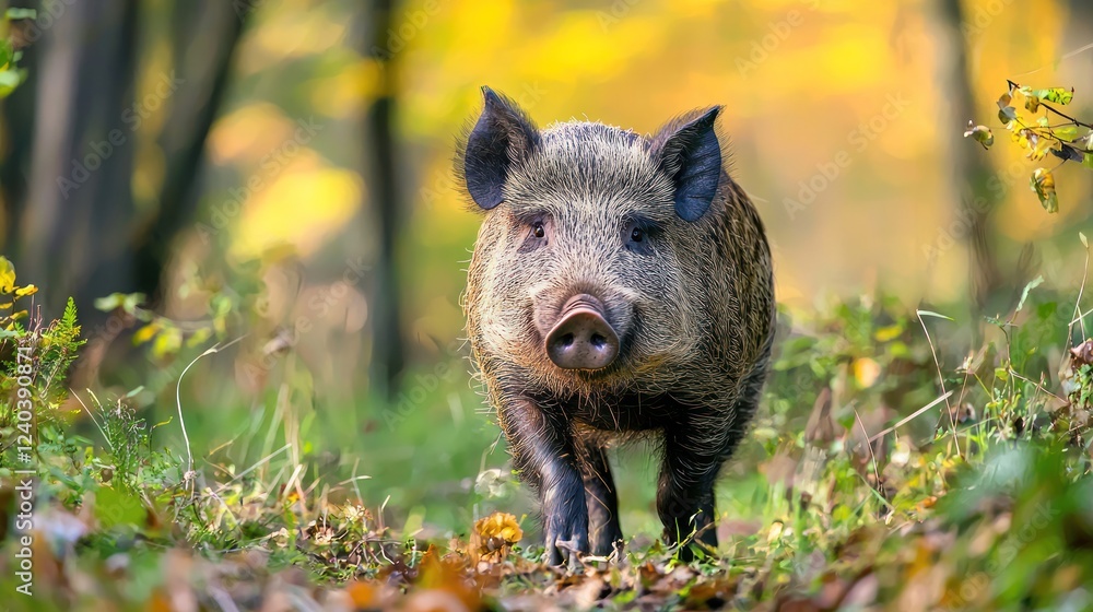 A wild boar searching for food in the undergrowth. A wild boar searching for food in the undergrowth.
