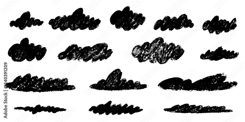 Fototapeta premium Naive simple cloud sky crayon pencil shape textured grunge set. Weather education pencil marker collection.