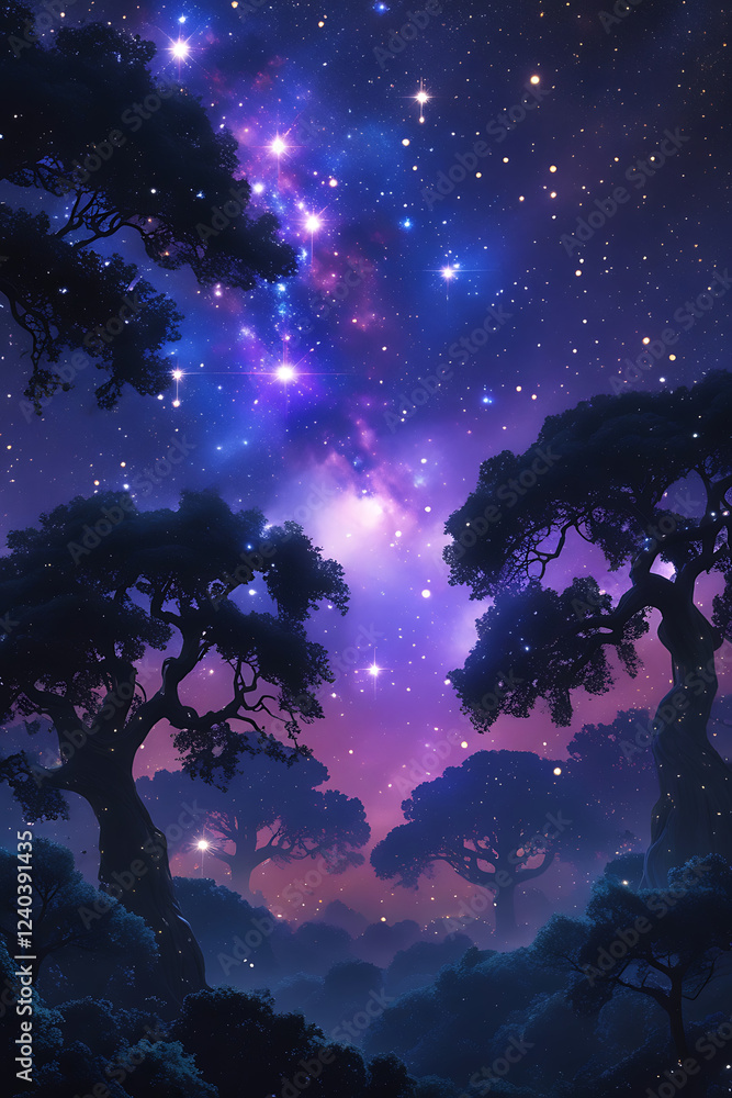 a vibrant constellation sprawled across the starry night sky above a lush, dense forest, created by generative ai a vibrant constellation sprawled across the starry night sky above a lush, dense forest, created by generative ai