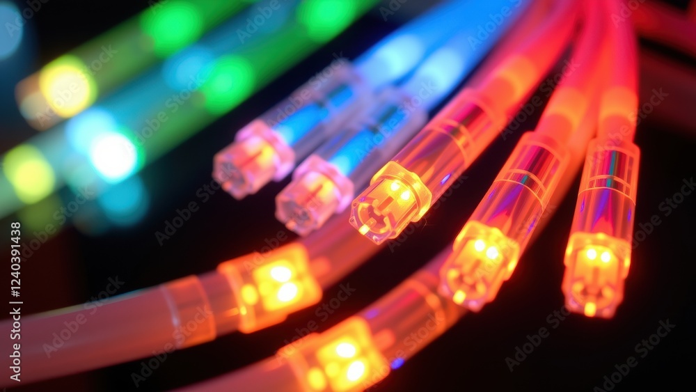 A close-up of colorful glowing tubes arranged in rows creating a vibrant and abstract visual.