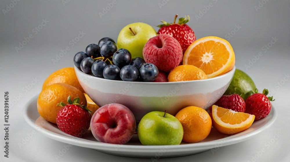 Colorful Fresh Fruit in White Bowl and Plate Colorful Fresh Fruit in White Bowl and Plate