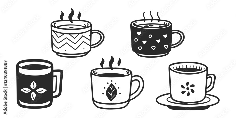 Digital illustration of a cartoon mug with handdrawn Scandinavian-style doodled tea and coffee cups, ideal for hot aroma beverages in restaurants or homes, paired with cooking dishes. Digital illustration of a cartoon mug with handdrawn Scandinavian-style doodled tea and coffee cups, ideal for hot aroma beverages in restaurants or homes, paired with cooking dishes.
