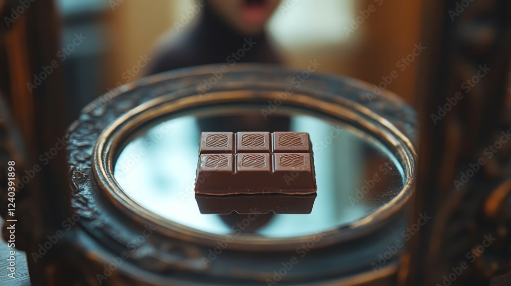 Unexpected surprise as a chocolate bar reflects a joyful reaction in the mirror Unexpected surprise as a chocolate bar reflects a joyful reaction in the mirror
