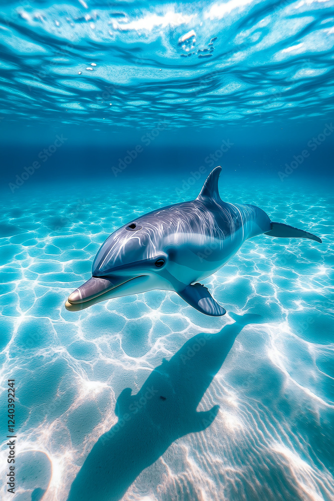 Obraz premium A dolphin swimming in the ocean with its shadow on the water