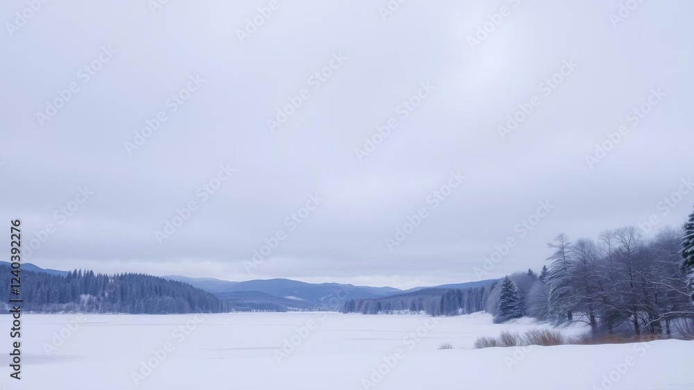 winter wonderland with snow covered trees, soft snowflakes falling, frozen lake reflecting scene, gray sky, snow, scenic winter wonderland with snow covered trees, soft snowflakes falling, frozen lake reflecting scene, gray sky, snow, scenic