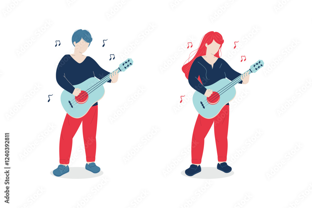 A Man and Woman Playing Music Together, vector Illustration A Man and Woman Playing Music Together, vector Illustration
