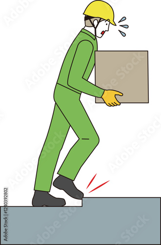 現場作業の危険な場面。荷物を持った作業員が段差に躓き転倒しそうなイラスト