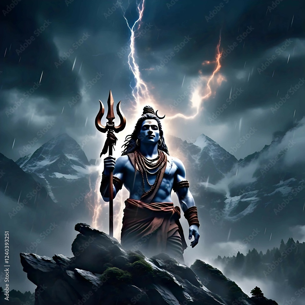 Fototapeta premium Lord Shiva Mahadev Shankar Neelkanth Adiyogi Holding Trishul Under the Divine Sky | 4K HD Mahashivratri Wallpaper