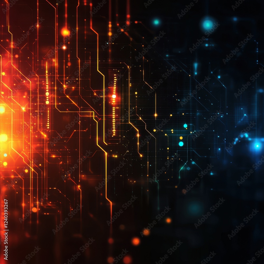 Obraz premium Abstract Digital Circuitry: Glowing Lines and Nodes in Orange and Blue