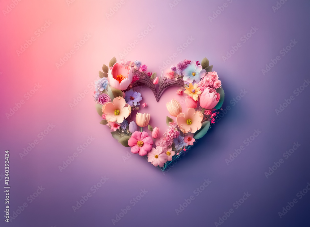 A vibrant heart shape crafted from an array of colorful spring flowers on a soft purple background. The image evokes feelings of love and springtime joy. A vibrant heart shape crafted from an array of colorful spring flowers on a soft purple background. The image evokes feelings of love and springtime joy.
