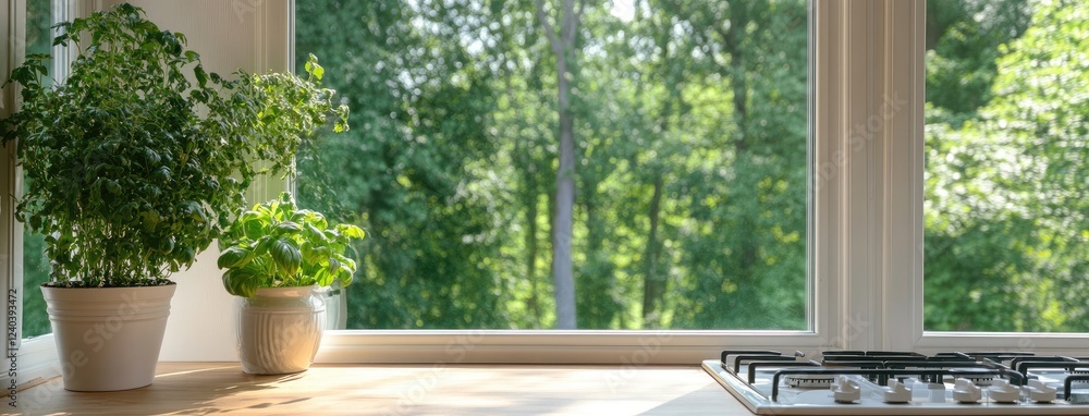Fototapeta premium This contemporary kitchen features a sleek gas stove and various potted herbs enhancing the inviting atmosphere and culinary vibes.