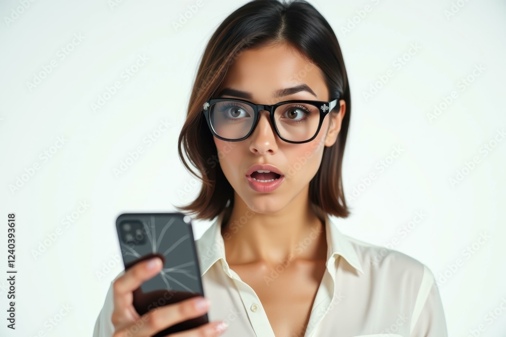 Woman is looking at her phone while wearing glasses Woman is looking at her phone while wearing glasses