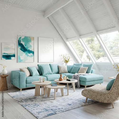 Wallpaper Mural Frame mockup, ISO A paper size. Living room wall poster mockup. Interior mockup with house background. Modern interior design. 3D render Torontodigital.ca