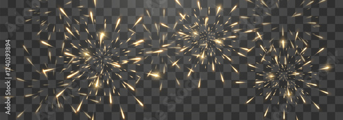 Festive fireworks with brightly shining sparks on transparent background - celebration card, festival banner. Holiday firework set, vector isolated on png.