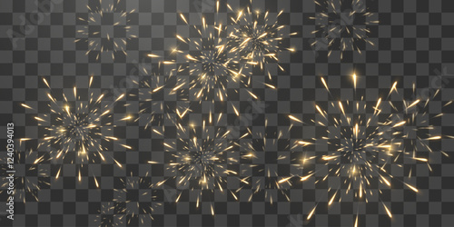 Festive gold fireworks with brightly shining sparks. Holiday fireworks. Realistic sparks and explosions. Golden pyrotechnics show. Vector isolated on png background