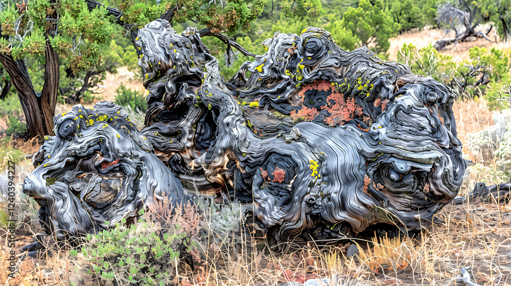 an old log with moss, a stone sculpture. an old log with moss, a stone sculpture.