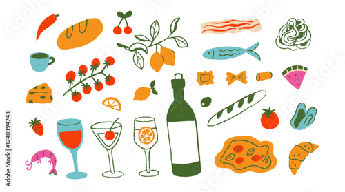 Set of ink color italian food for menu in trendy doodle style. Meal drawn chalk background. Isolated objects. Pizza, wine, lemons