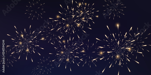 Festive fireworks with brightly shining sparks on transparent background - celebration card, festival banner. Holiday firework set, vector isolated on png.