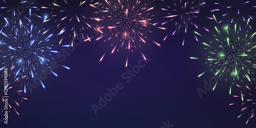 Festive fireworks with brightly shining sparks on transparent background - celebration card, festival banner. Holiday firework set, vector isolated on png.
