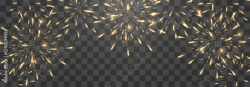 Festive gold fireworks with brightly shining sparks. Holiday fireworks. Realistic sparks and explosions. Golden pyrotechnics show. Vector isolated on png background