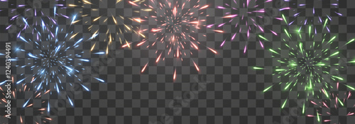 Festive fireworks with brightly shining sparks on transparent background - celebration card, festival banner. Holiday firework set, vector isolated on png.