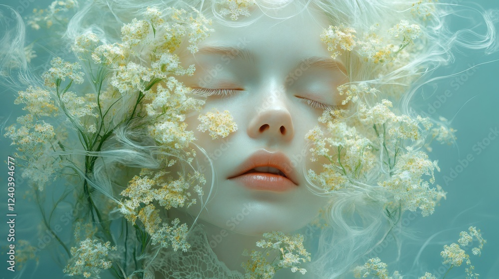 Serene digital artwork of a paleskinned woman with closed eyes her face decorated with soft yellow flowers and green stems enveloped in mist and smoke in a vintage lace dress against a blue backdrop Serene digital artwork of a paleskinned woman with closed eyes her face decorated with soft yellow flowers and green stems enveloped in mist and smoke in a vintage lace dress against a blue backdrop