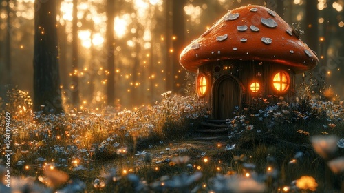 Magical Mushroom House with Glowing Lights. Generative AI photo