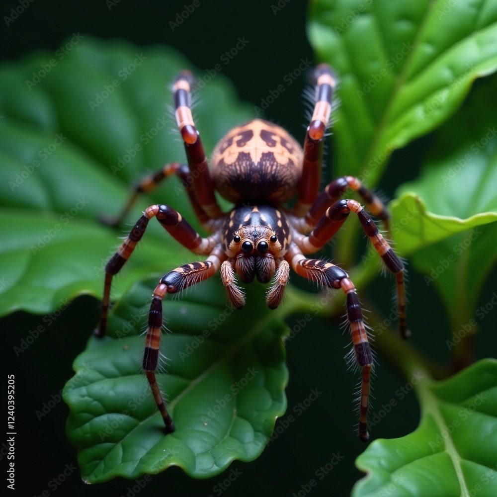 Fototapeta premium Dark green leafy canopy above a lynx spider's body, wildlife, nature, purple yam vine