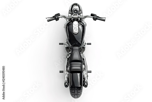 Sleek Black and Chrome Motorcycle: Overhead Studio Shot. High-resolution image perfect for automotive, industrial, or technology designs. Showcases the bike's powerful engine and stylish details.     
