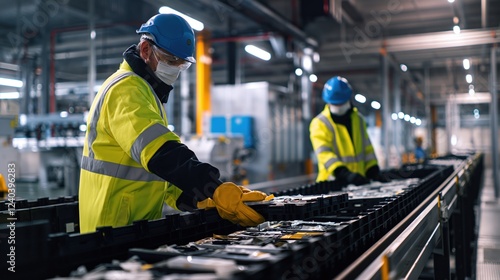 Workers in protective gear sorting and processing used car batteries at a recycling plant. An industrial setting with conveyor belts
