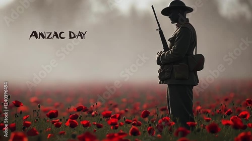 Silhouette of soldier in poppy field commemorating anzac day Happy ANZAC Day, Lest We Forget
