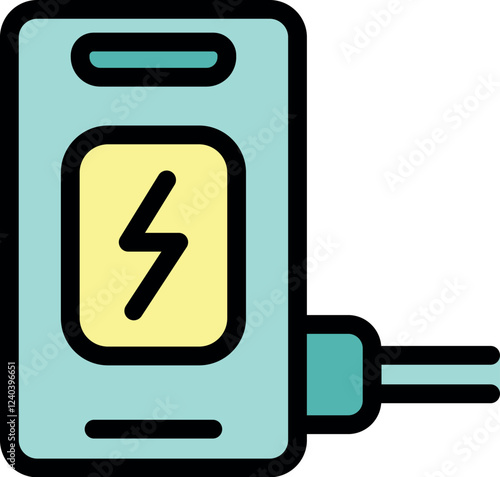 Powering up mobile device, charging smartphone battery with cable, energy and electricity symbol